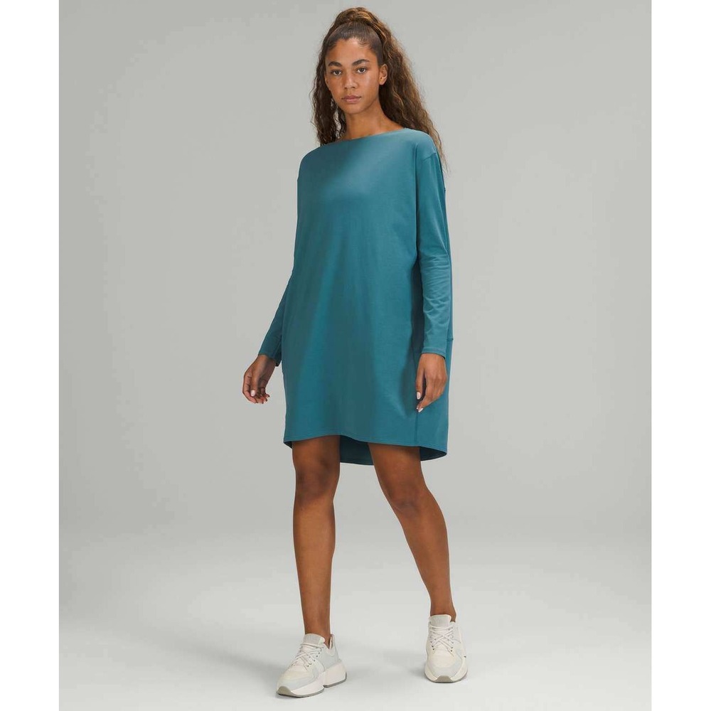 Lululemon Back in Action Long Sleeve Dress Tunic Teal Pima Cotton Size 8 Relaxed